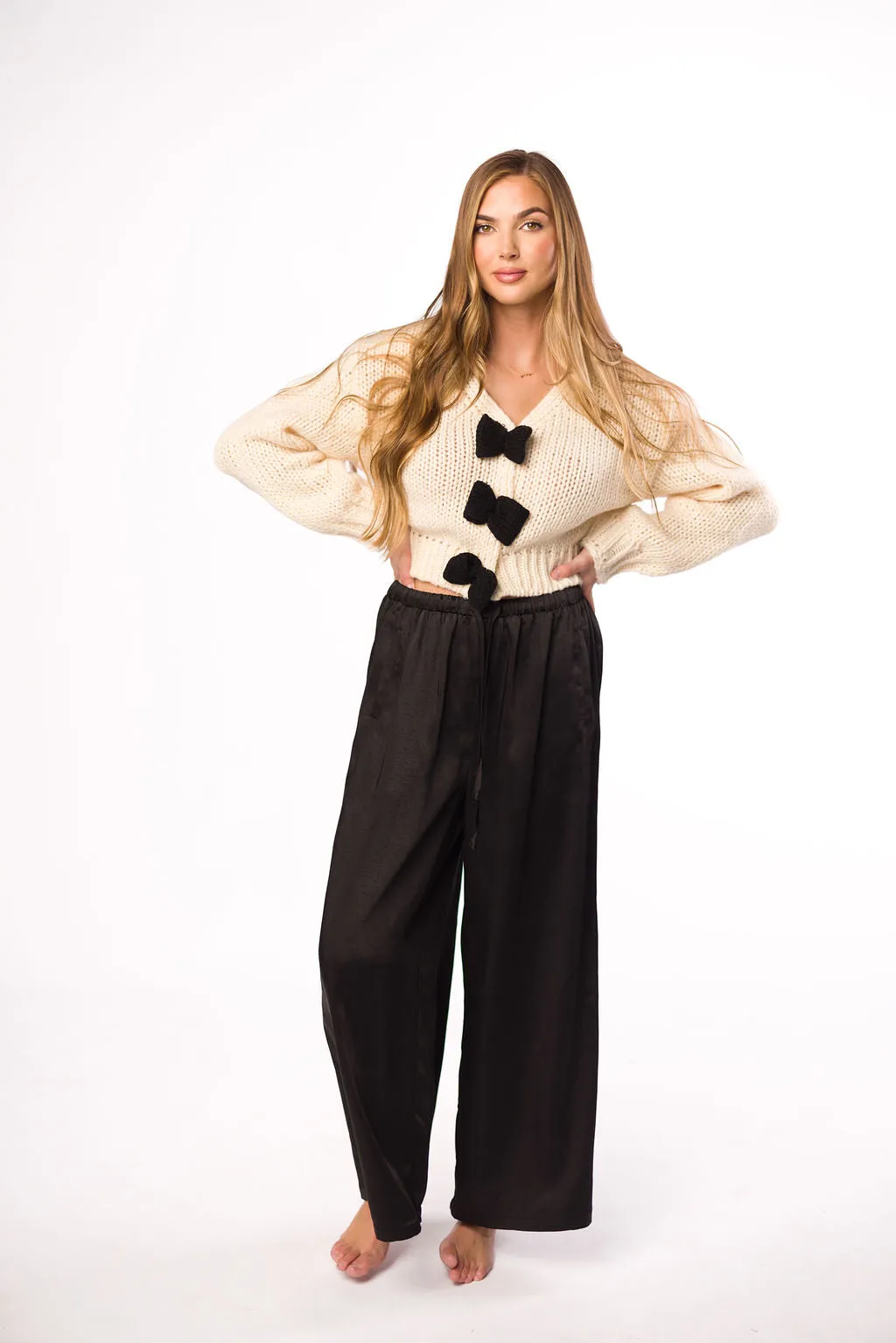 Mari Wide Leg Satin Pants in Black