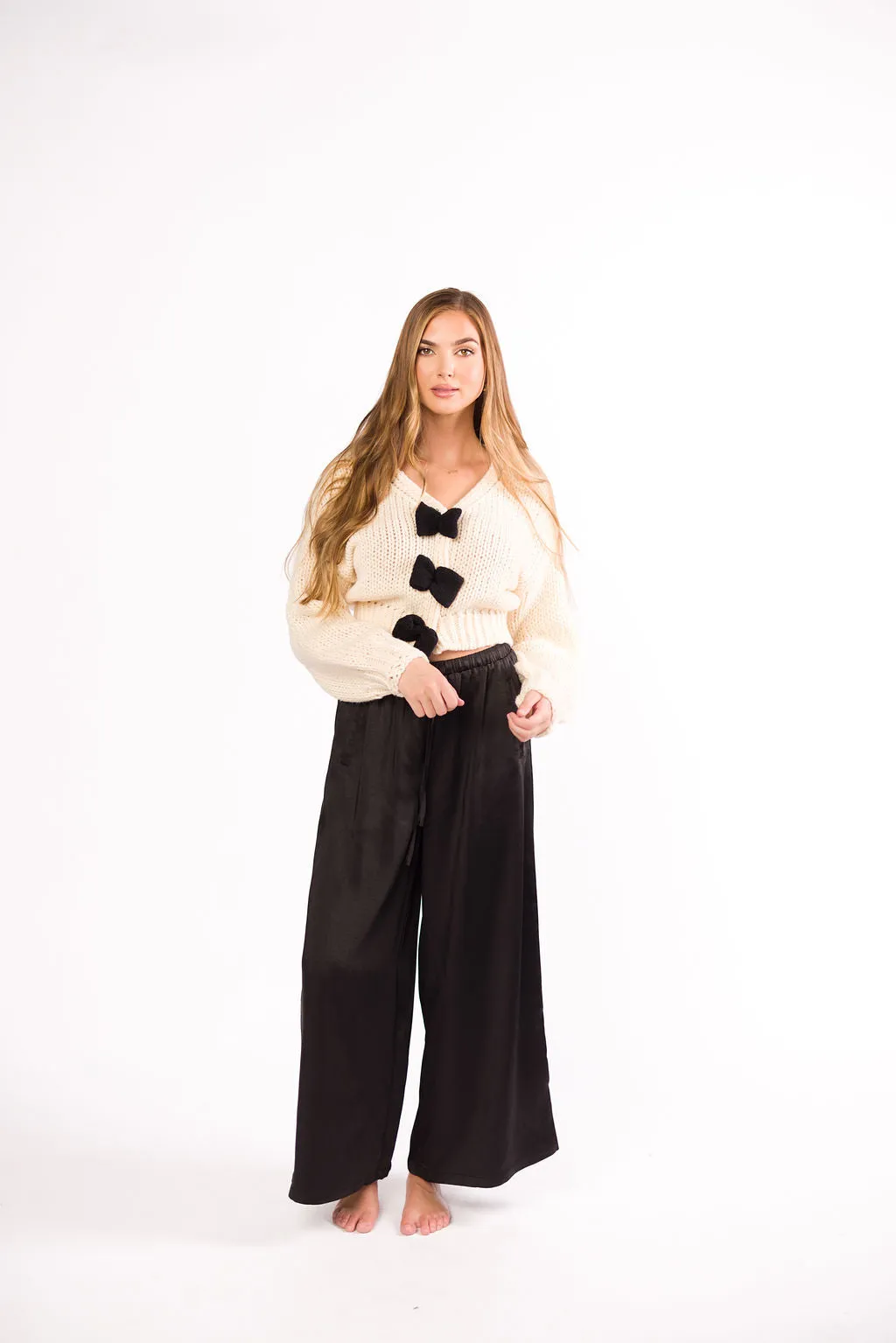 Mari Wide Leg Satin Pants in Black