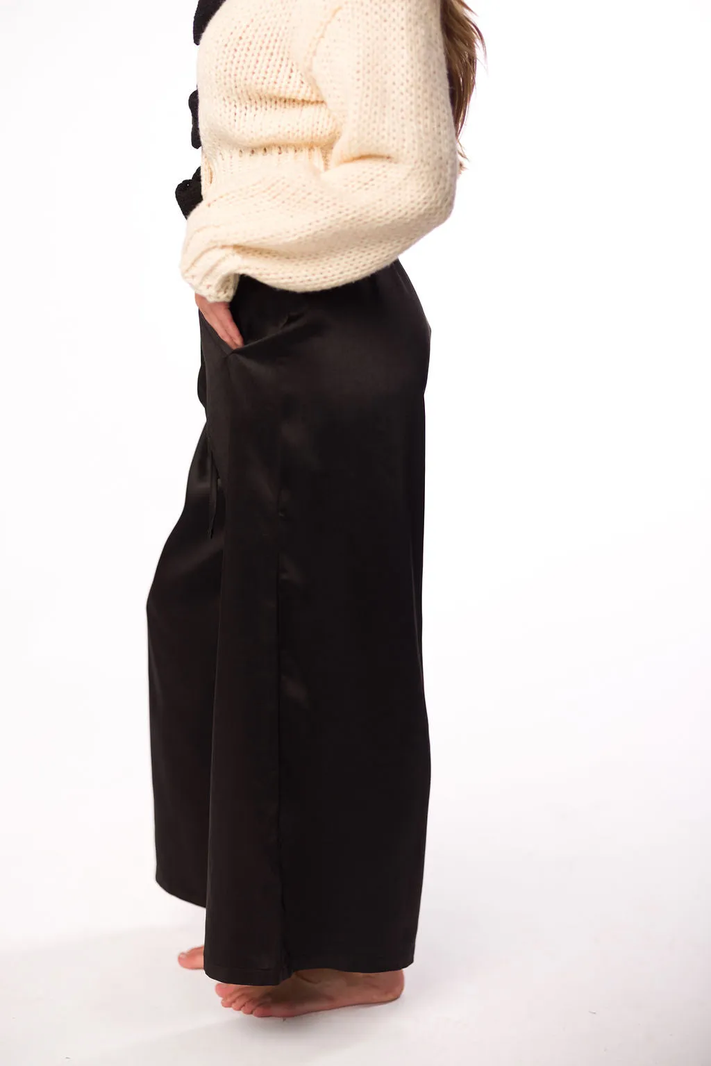 Mari Wide Leg Satin Pants in Black