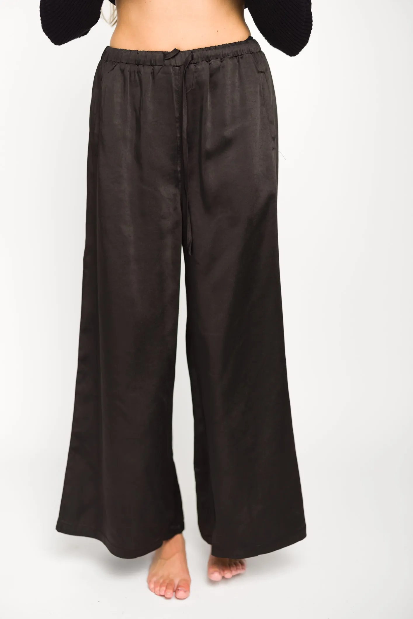 Mari Wide Leg Satin Pants in Black