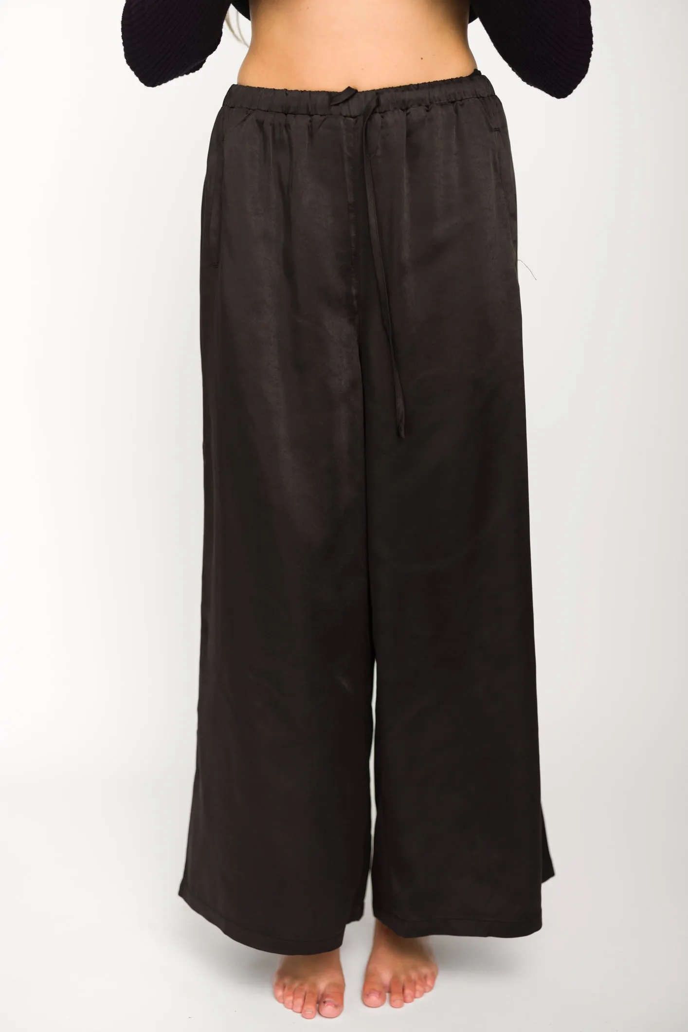 Mari Wide Leg Satin Pants in Black