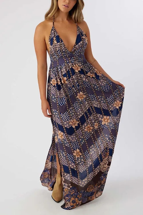 Multi Floral Print Halter Maxi Dress