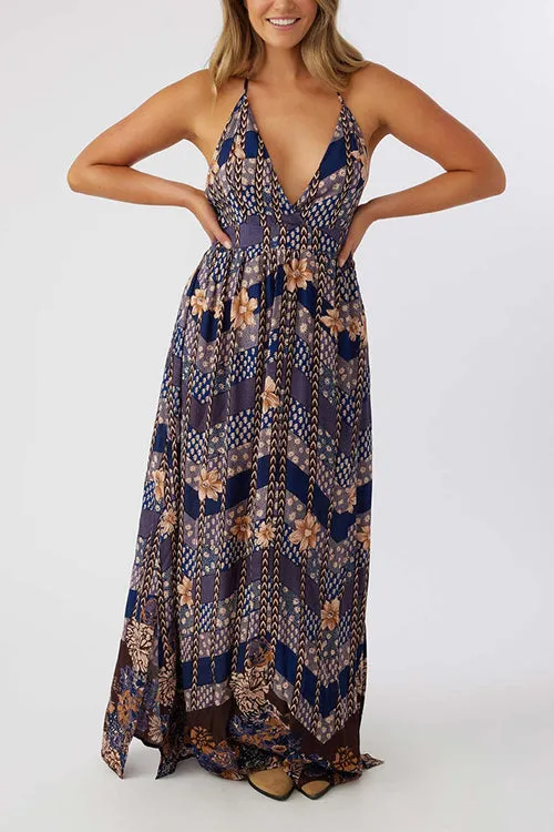 Multi Floral Print Halter Maxi Dress