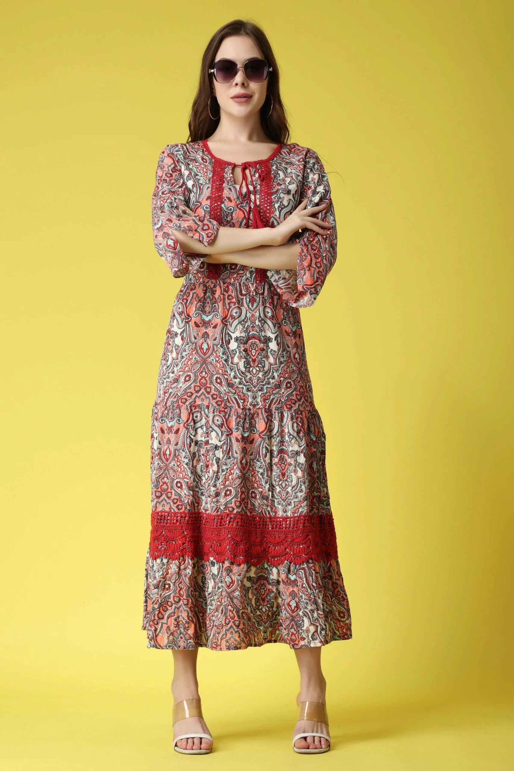 Multicolored Ethnic Printed Dress with Lace