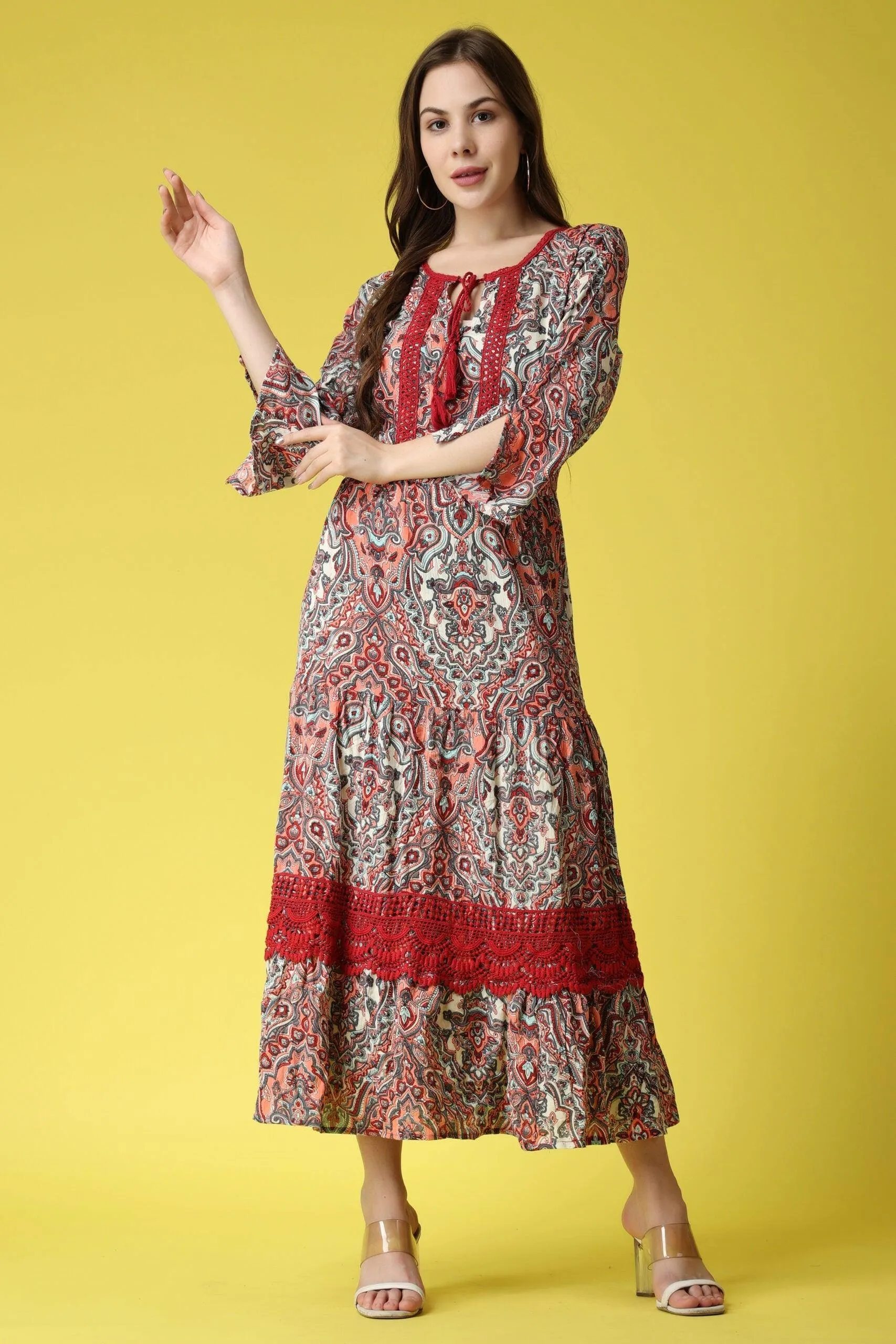 Multicolored Ethnic Printed Dress with Lace