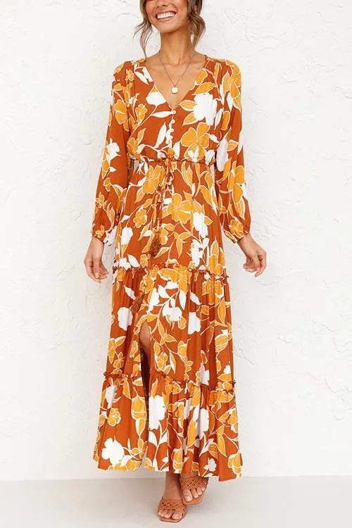 Print Button Tiered Long Sleeve Maxi Dress