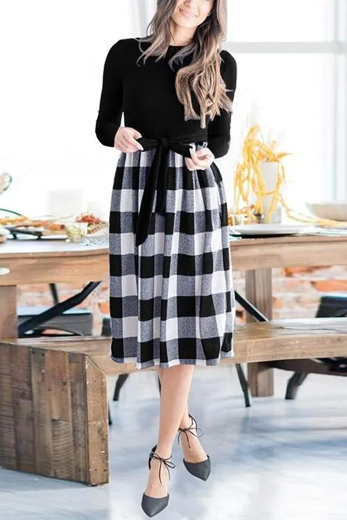 Print Knot Waist Long Sleeve Midi Dress