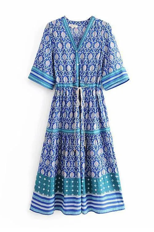 Print V Neck Short Sleeve Maxi Dress