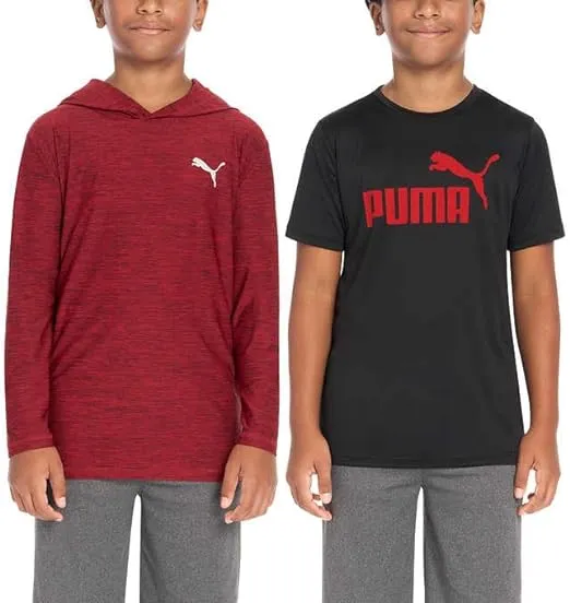 Puma Boys Tops, Short Sleeve T-Shirt With Hooded Top (Medium,Black & Red)