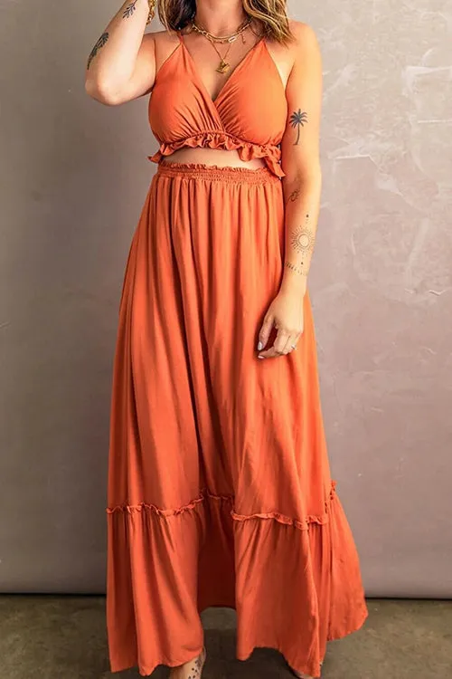 Ruffle Hem Cutout Slip Maxi Dress