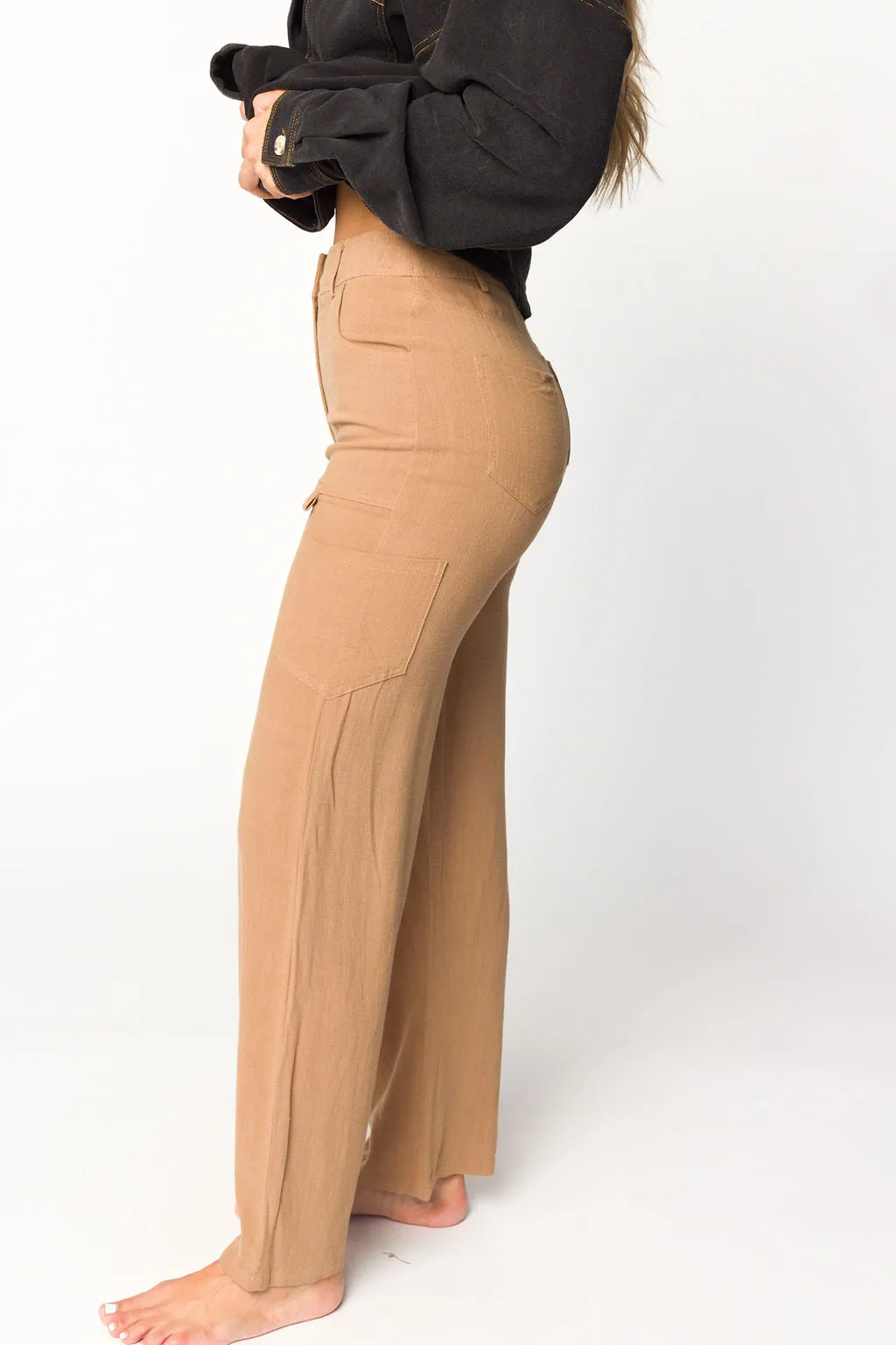 Sadie Linen Cargo Pants With Pockets in Taupe