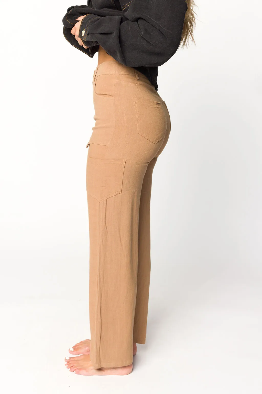 Sadie Linen Cargo Pants With Pockets in Taupe