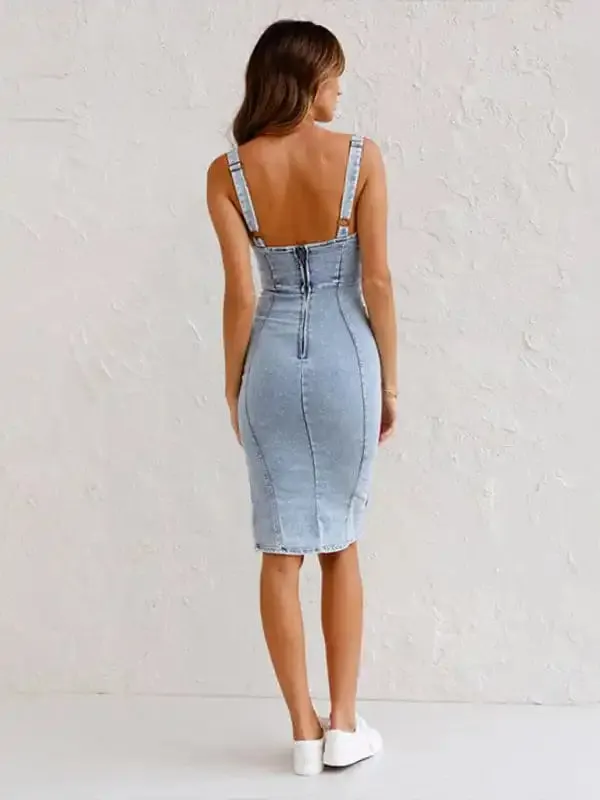 Short-sleeved U-neck suspenders distressed casual denim dress