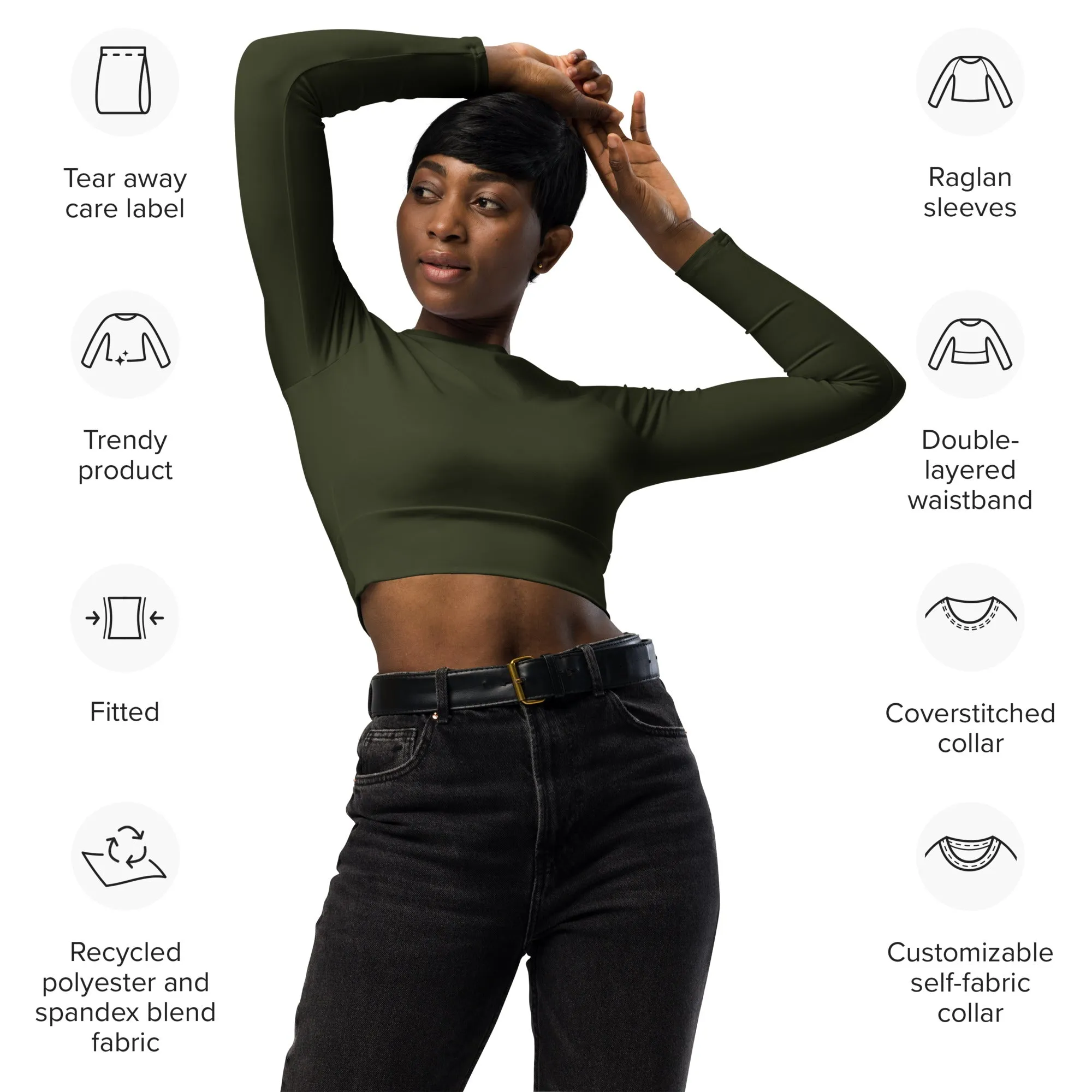 THE ESSENTIAL, SOFT AND STRETCHY, LONG SLEEVE FITTED CROP TOP GS LOGO OLIVE