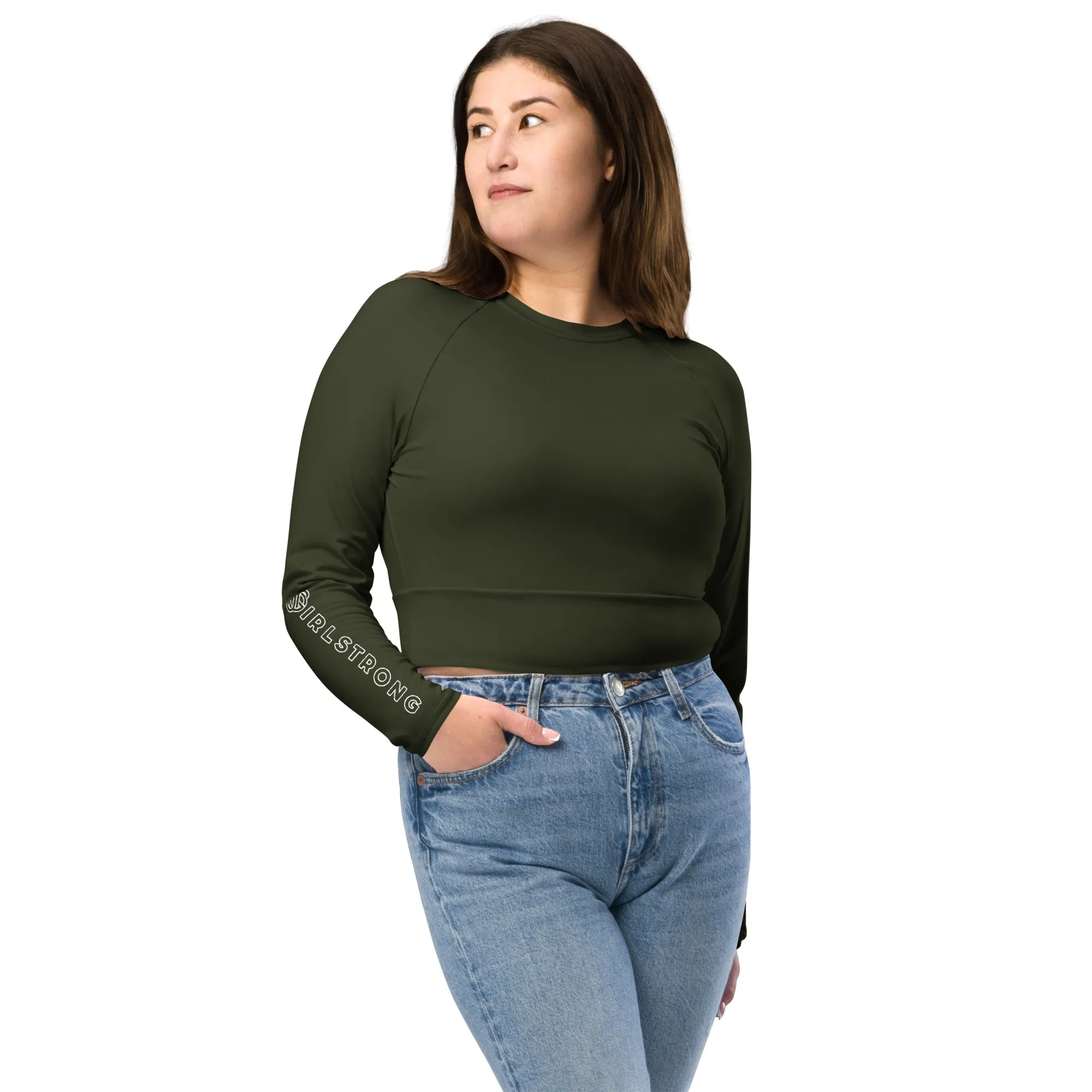 THE ESSENTIAL, SOFT AND STRETCHY, LONG SLEEVE FITTED CROP TOP GS LOGO OLIVE