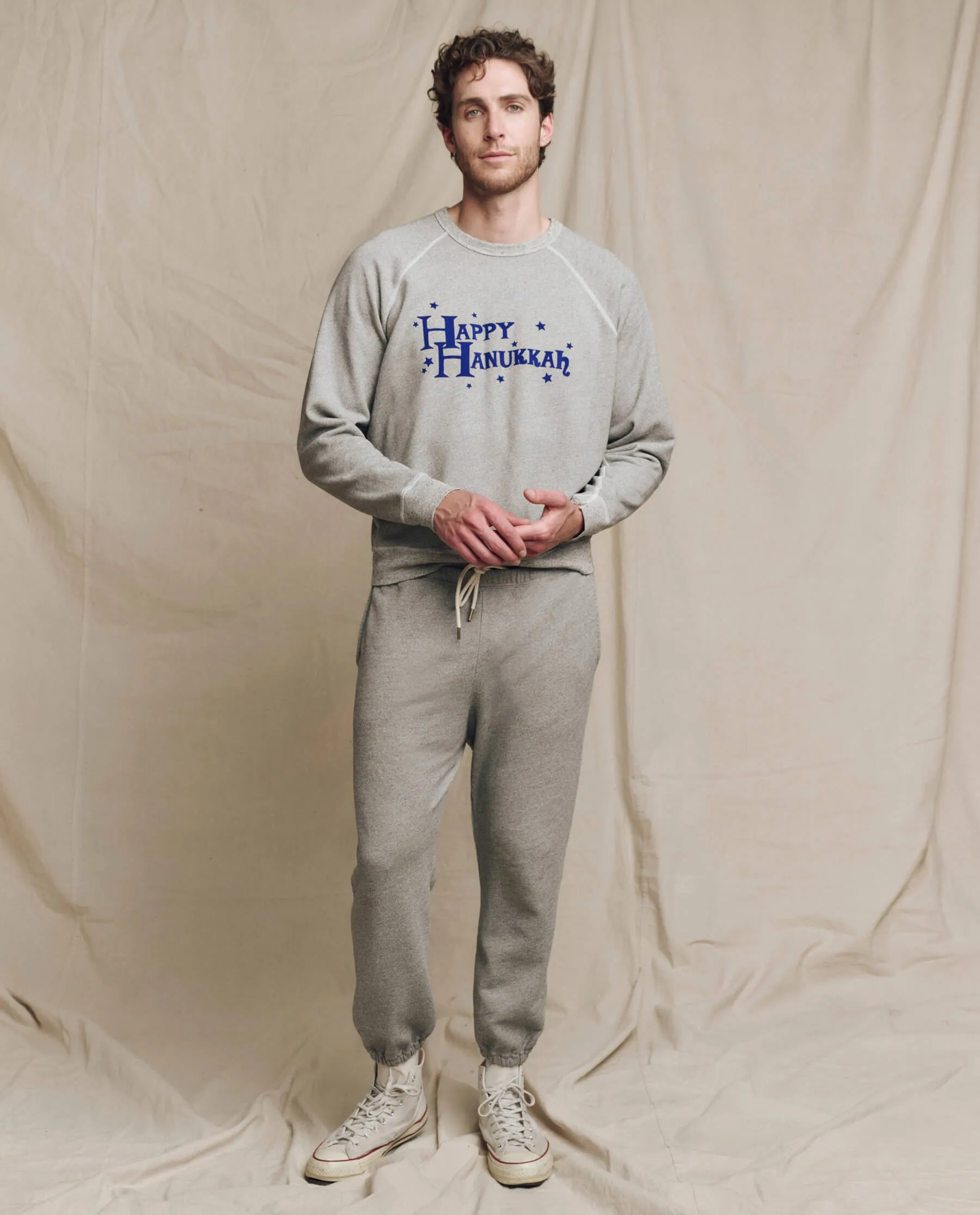 The Men's College Sweatshirt. Graphic -- Varsity Grey with Hannukah Graphic