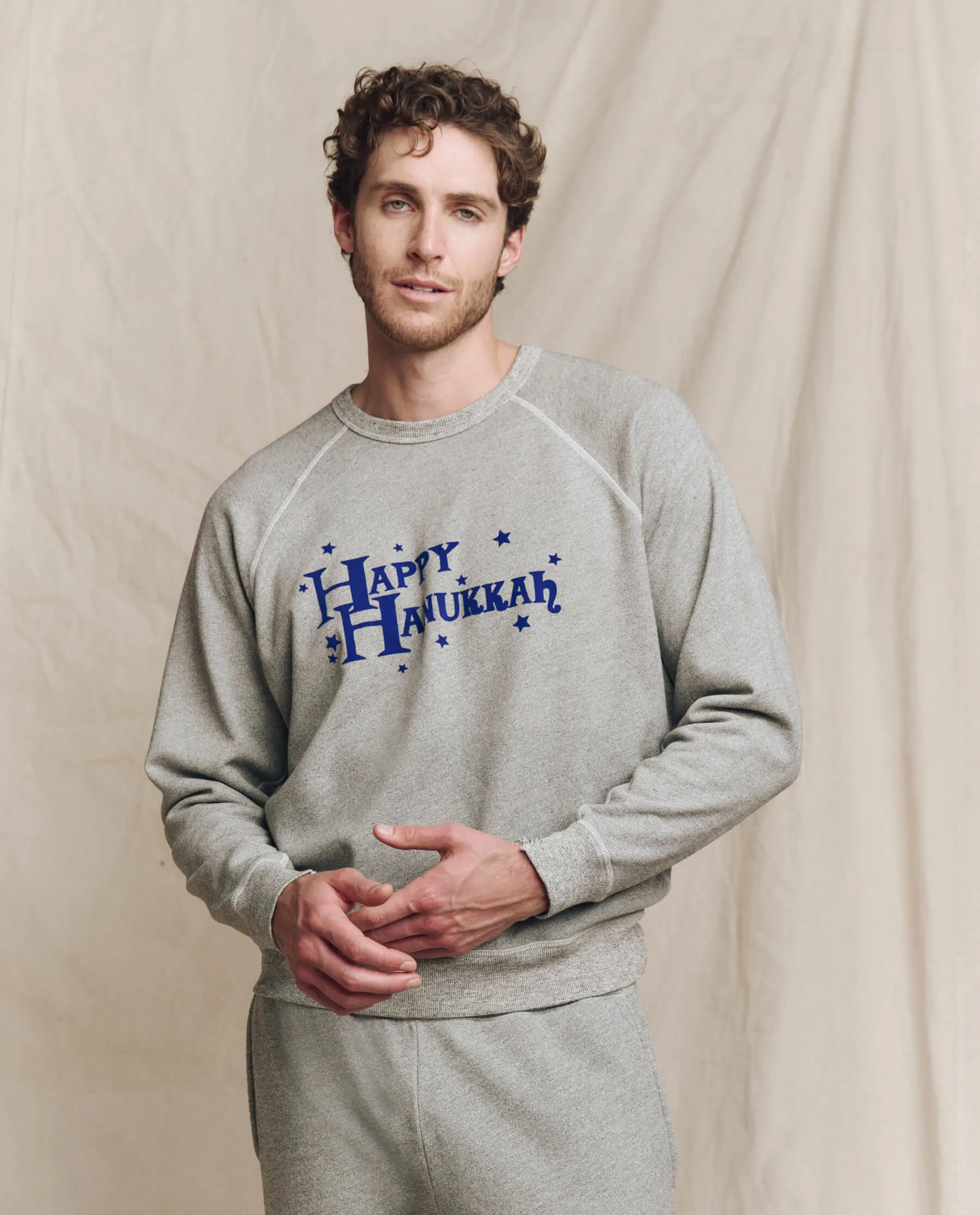 The Men's College Sweatshirt. Graphic -- Varsity Grey with Hannukah Graphic