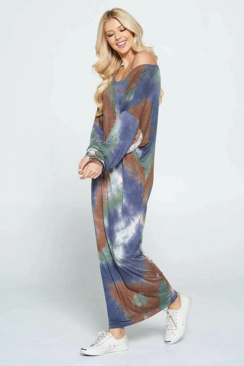 Tie Dye Long Sleeve Maxi Dress with Cuffed Sleeve