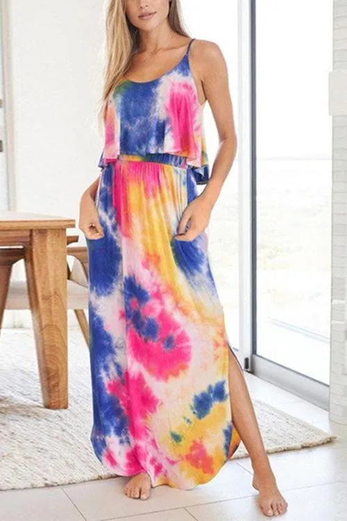 Tie Dye Slit Slip Maxi Dress