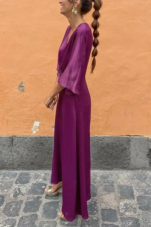 V Neck Satin Batwing Maxi Dress