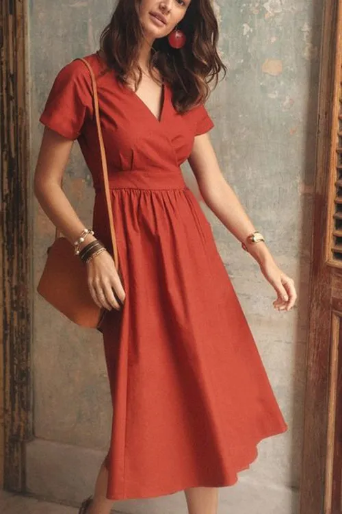 V  Neck Short Sleeve Midi Dress