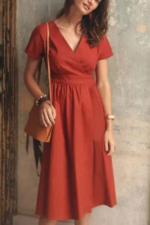 V  Neck Short Sleeve Midi Dress