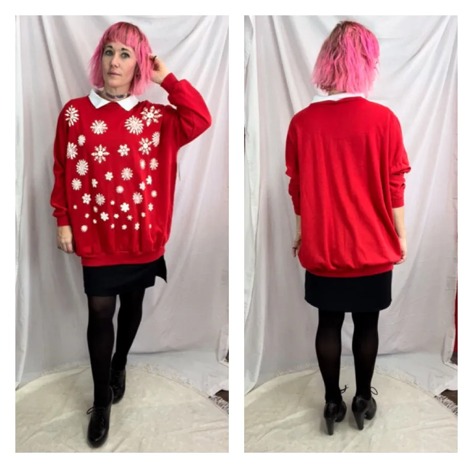 Vintage 80s 90s | Red Puffy Paint Snowflake Ugly Christmas Sweater | Free Size