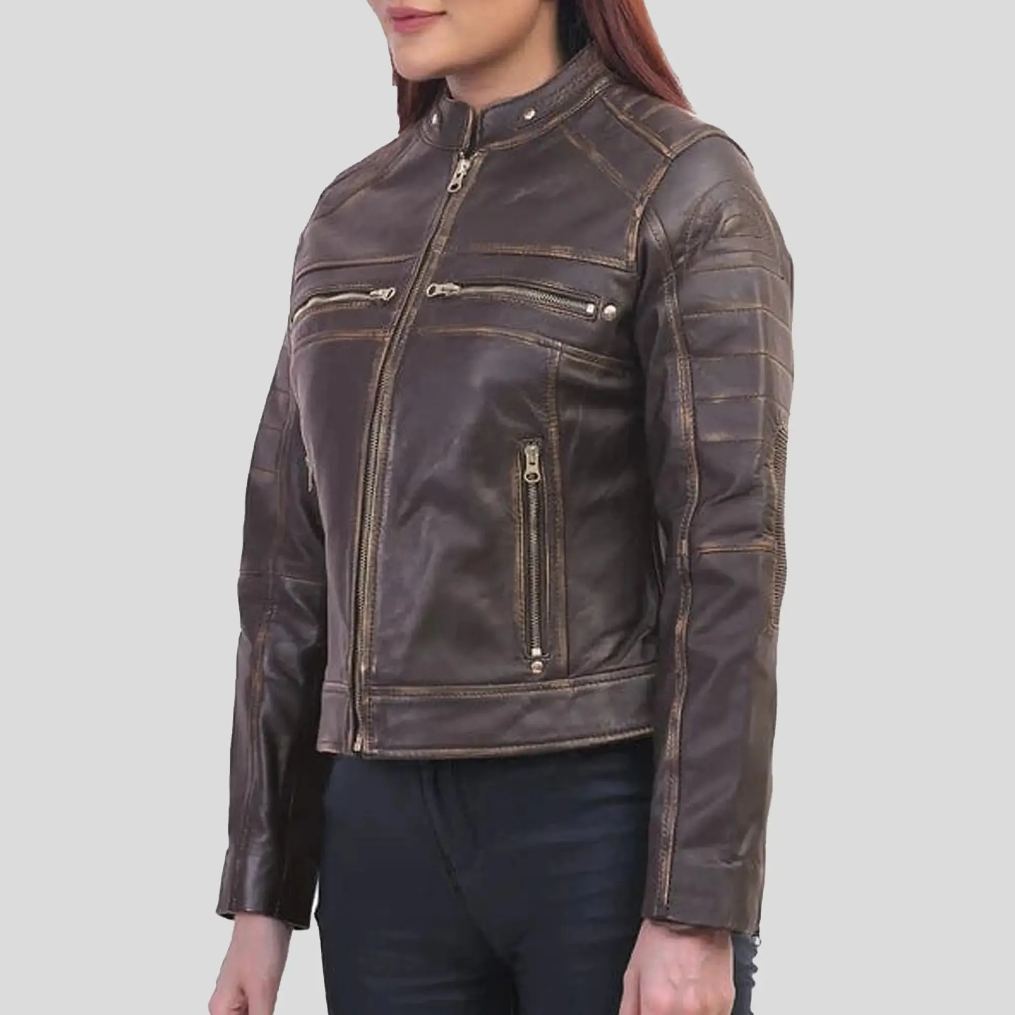 Women Slimfit Brown Cafe Racer Jacket