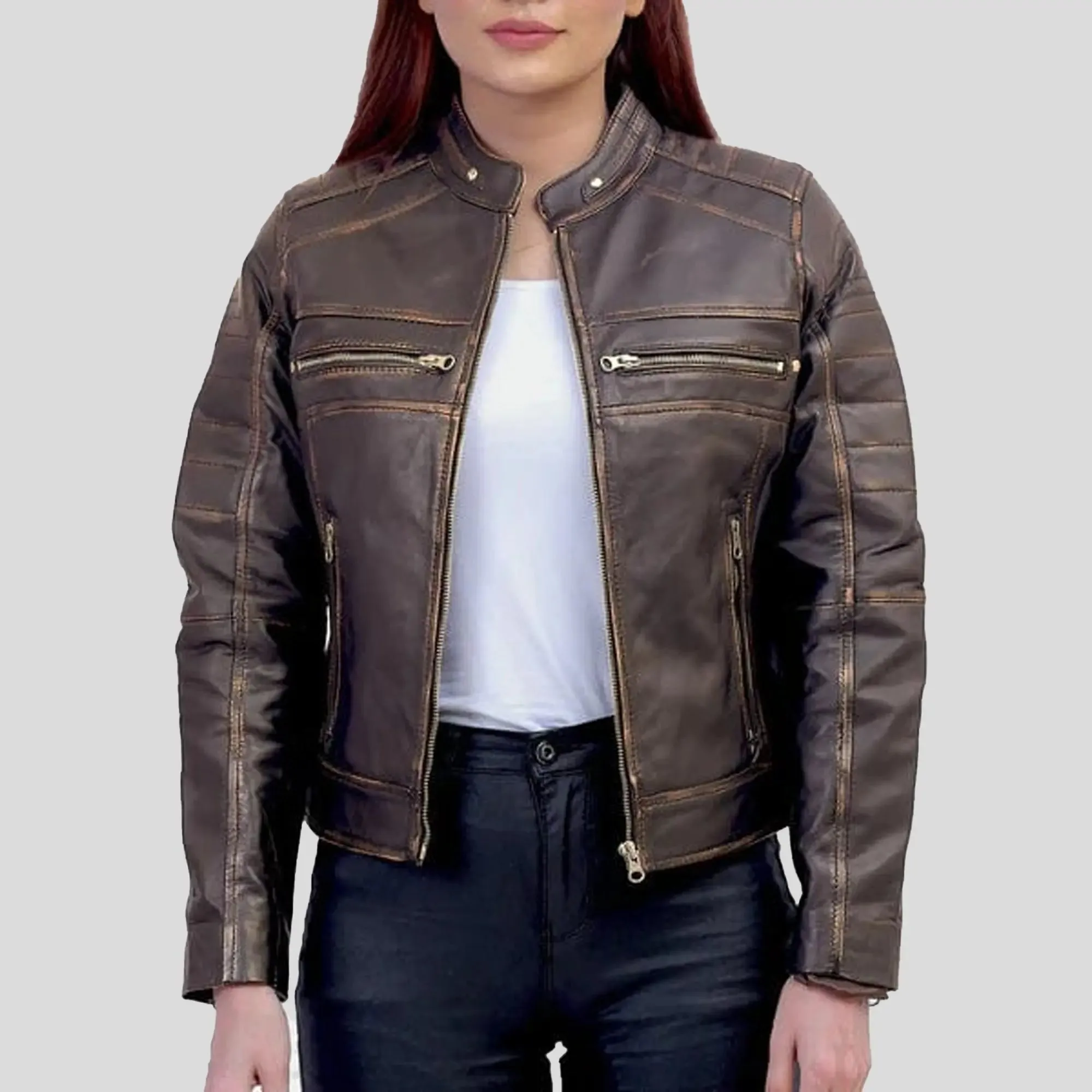 Women Slimfit Brown Cafe Racer Jacket