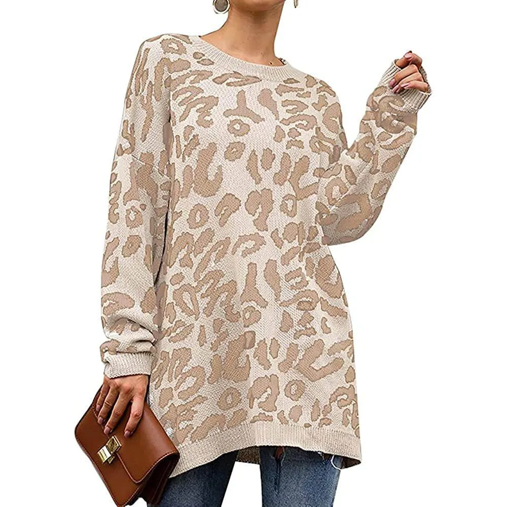 Women’s Casual Leopard Print Long Sleeve Crew Neck Knitted Oversized Pullover Sweaters Tops