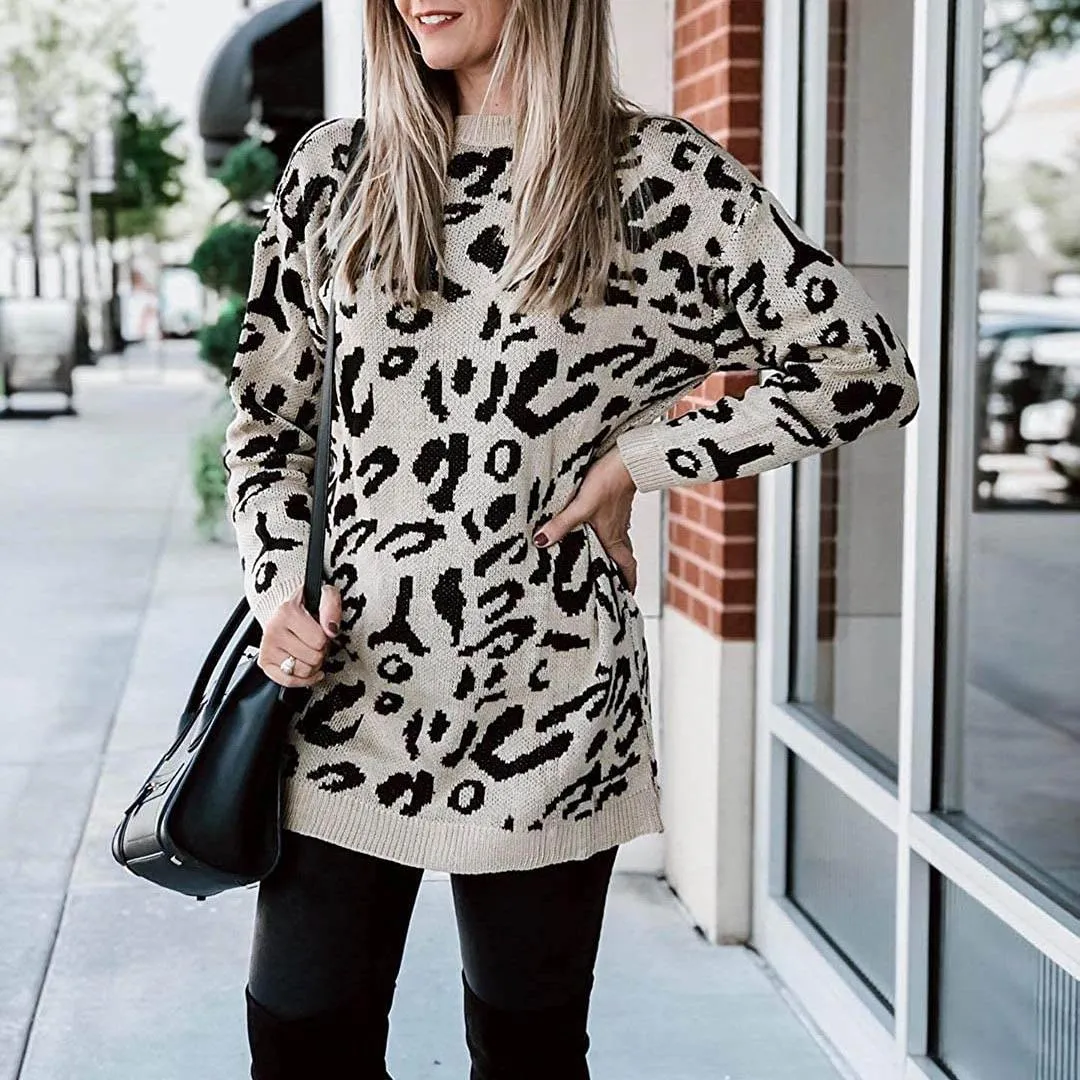 Women’s Casual Leopard Print Long Sleeve Crew Neck Knitted Oversized Pullover Sweaters Tops