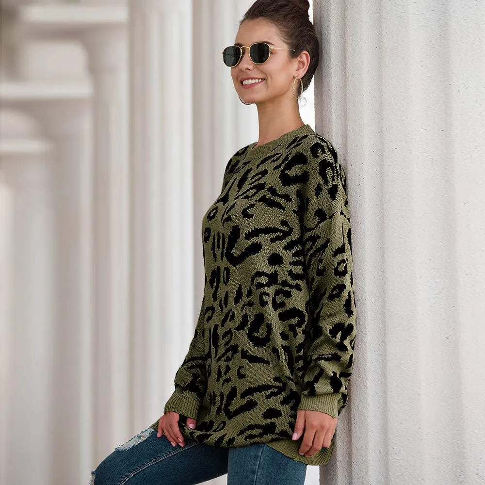 Women’s Casual Leopard Print Long Sleeve Crew Neck Knitted Oversized Pullover Sweaters Tops