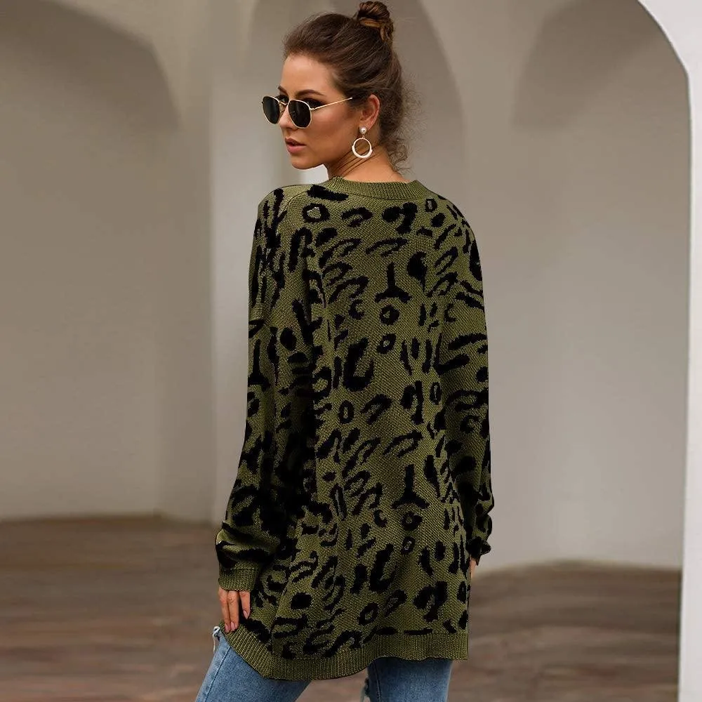 Women’s Casual Leopard Print Long Sleeve Crew Neck Knitted Oversized Pullover Sweaters Tops