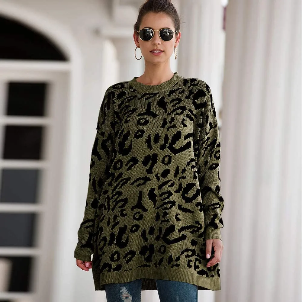 Women’s Casual Leopard Print Long Sleeve Crew Neck Knitted Oversized Pullover Sweaters Tops