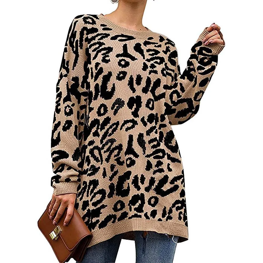 Women’s Casual Leopard Print Long Sleeve Crew Neck Knitted Oversized Pullover Sweaters Tops